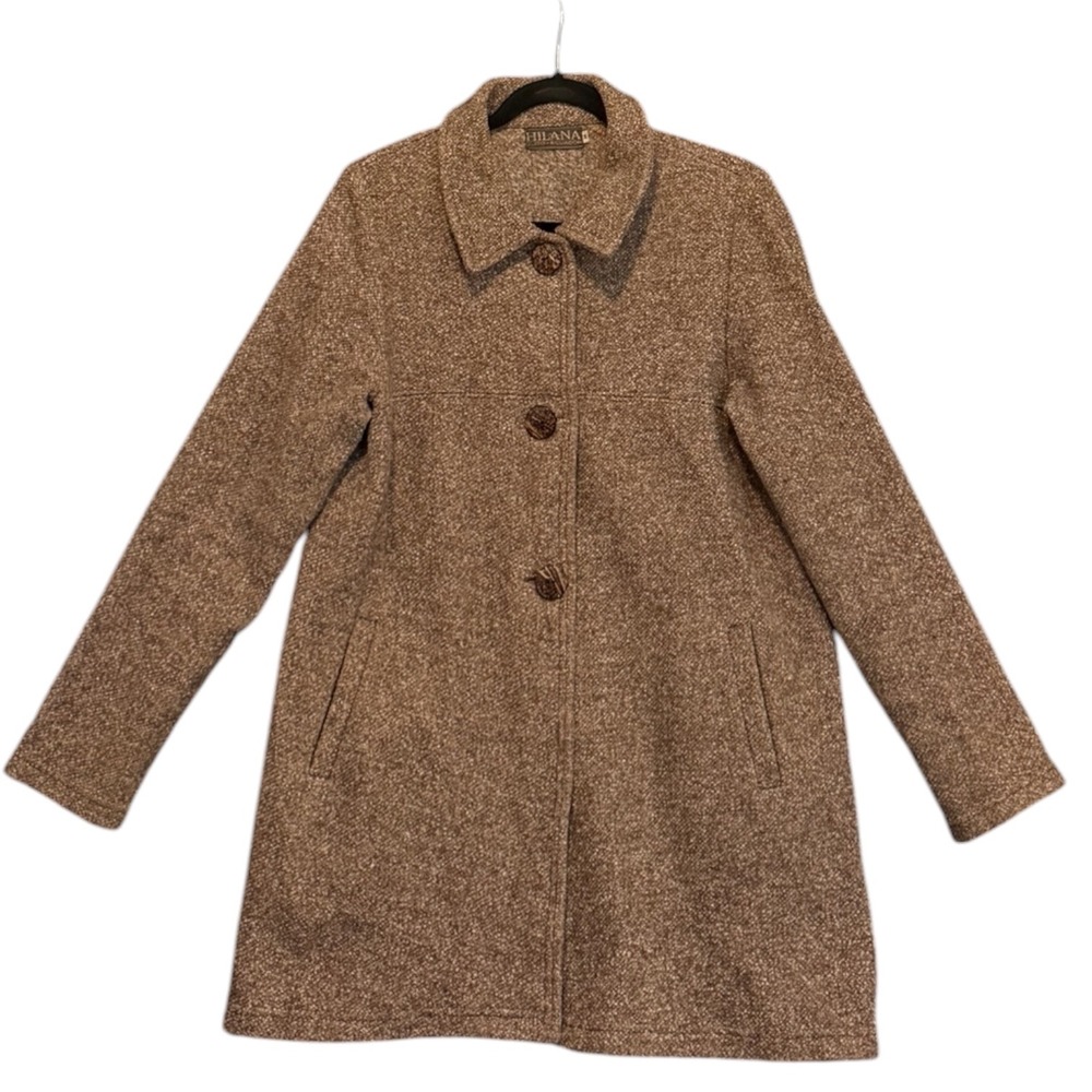Hilana Brown Wool Blend Button Front Coat Jacket  Medium Tweed Quiet Luxury
